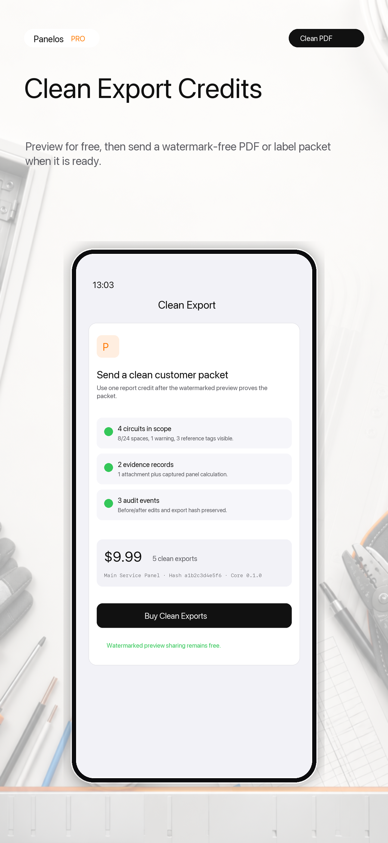 Panelos clean export credit offer showing circuit scope, evidence records, audit events, and hash.